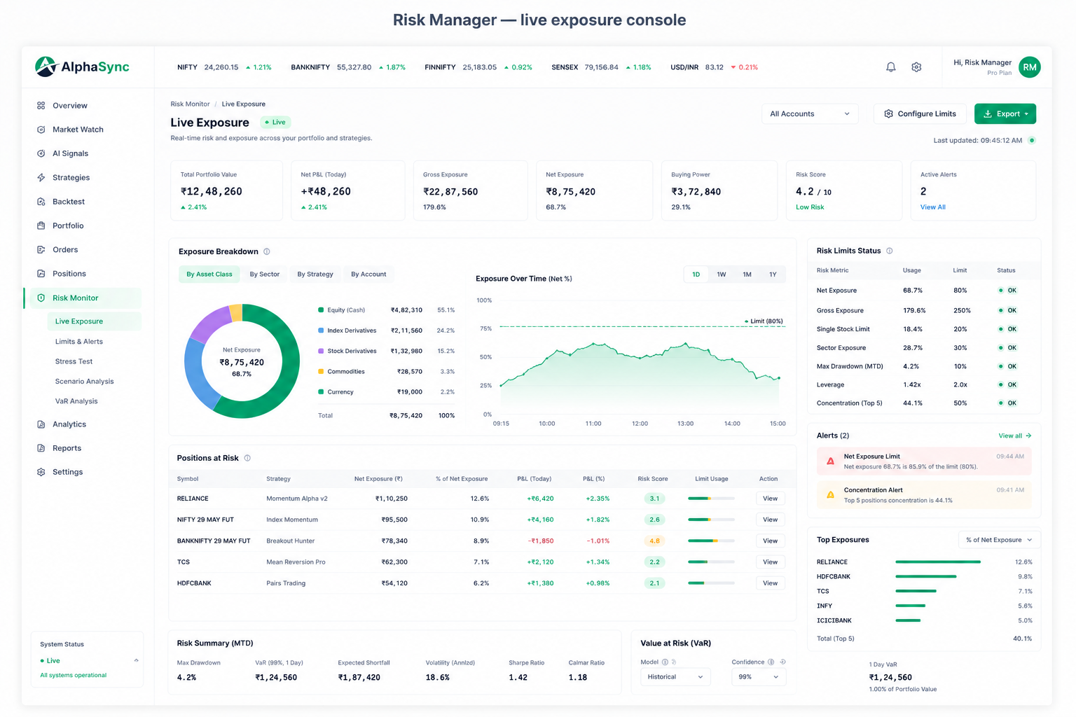 Risk Manager — live exposure console